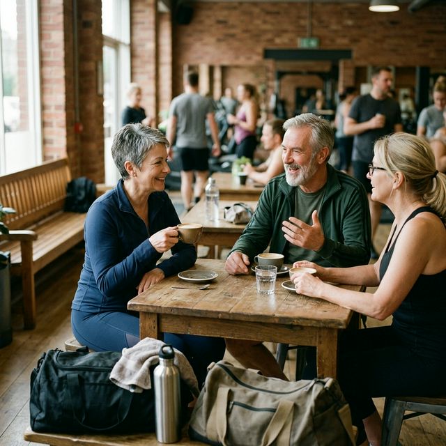 Osoby po 50-tce rozmawiają przy kawie po treningu
