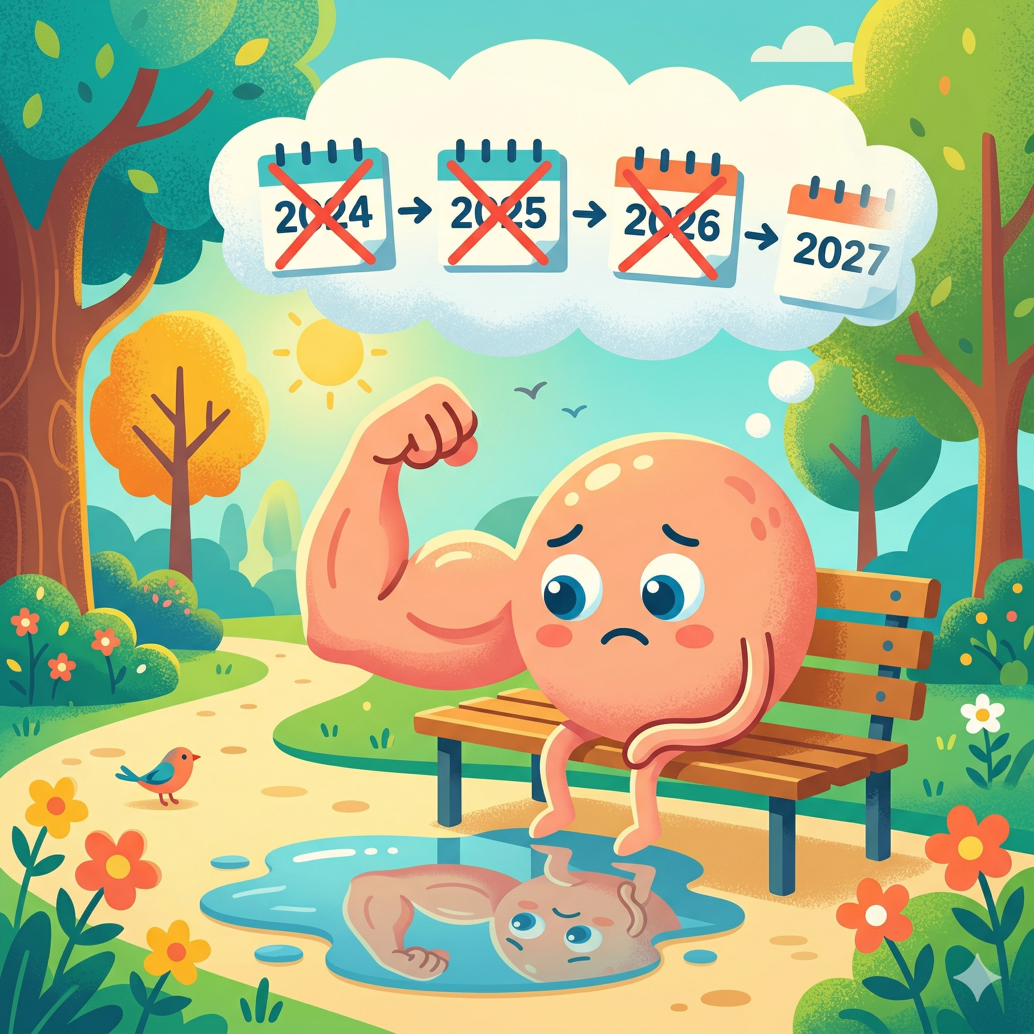 Zabawna ilustracja: animowany mięsień bicepsa siedzący smutno na ławce, zauważający swój zanik