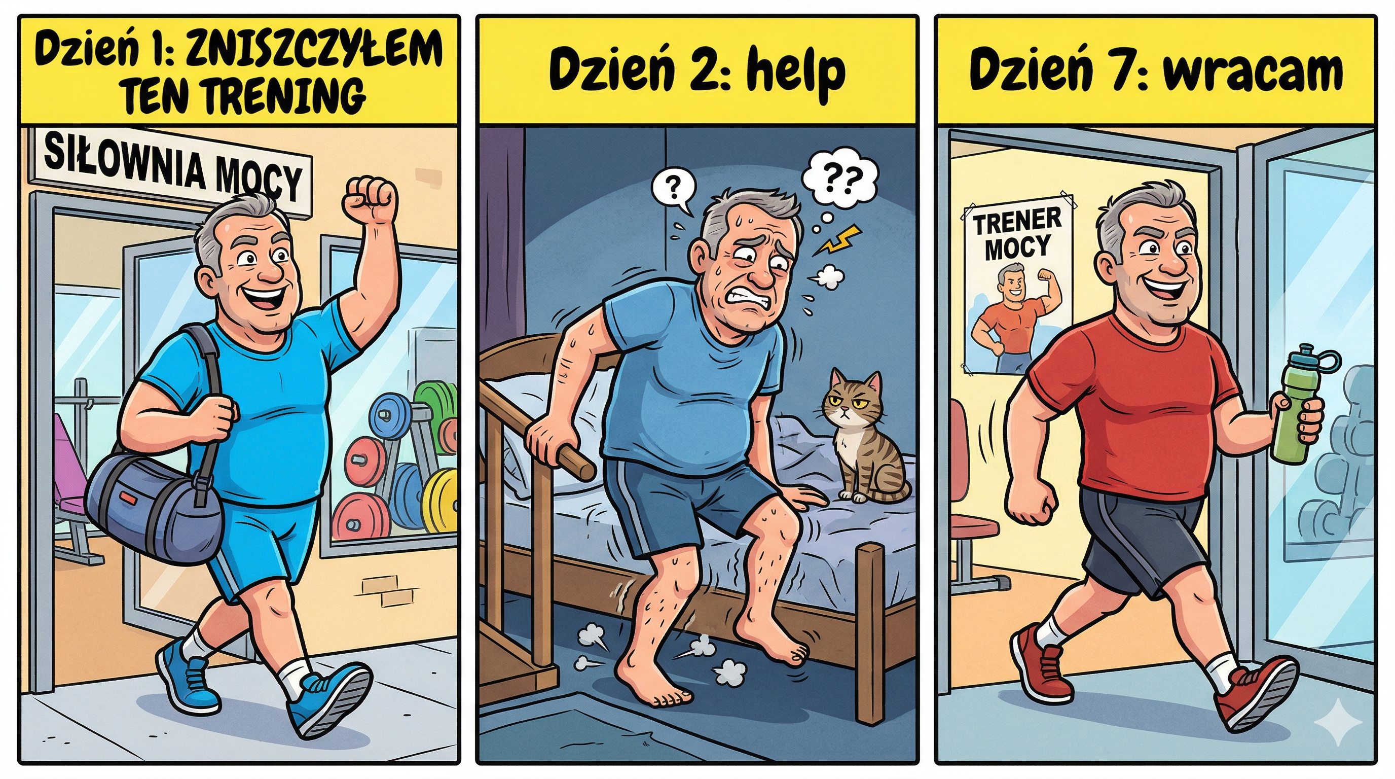 Zabawny komiks w 3 kadrach: triumf po pierwszym treningu → ledwo wstaje z zakwasami → wraca po więcej