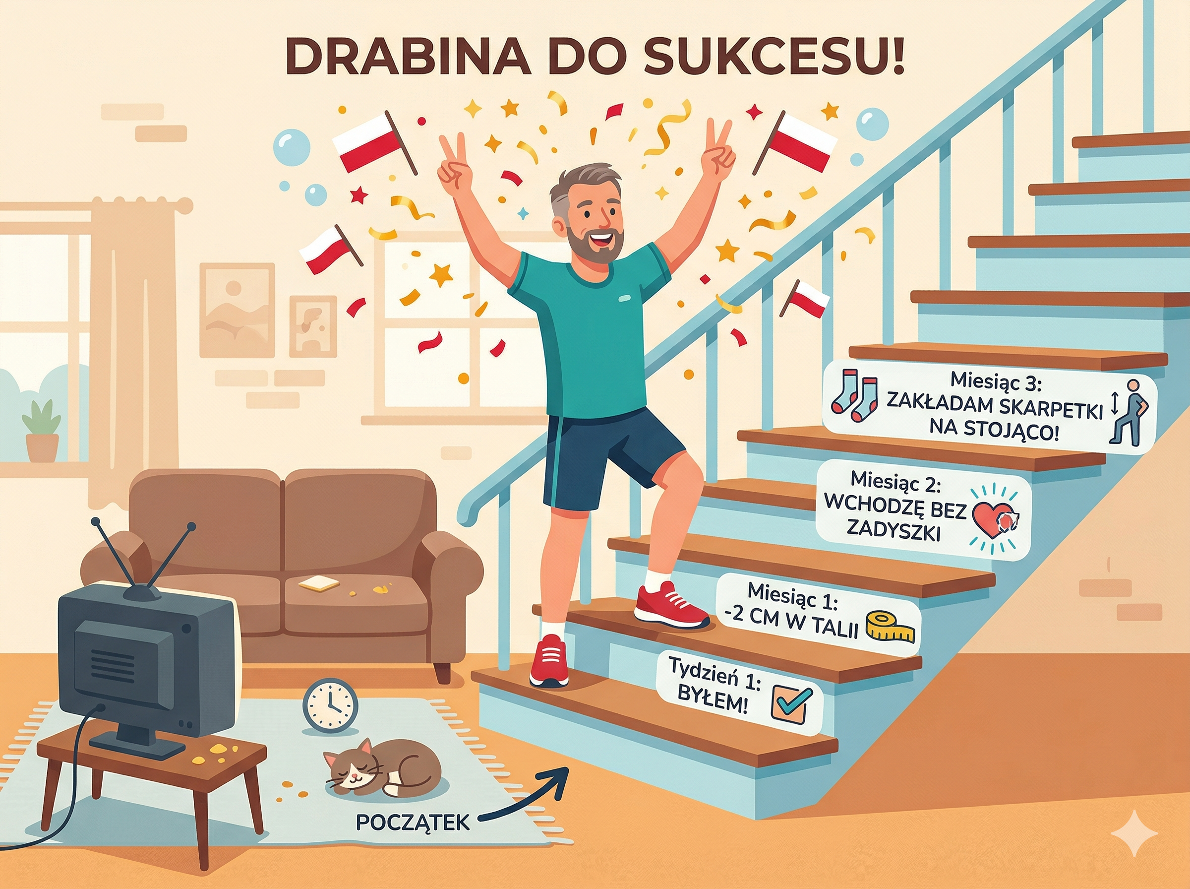 Kolorowa ilustracja: 50-latek triumfalnie wchodzi po schodach postępów treningowych, na każdym stopniu milestone