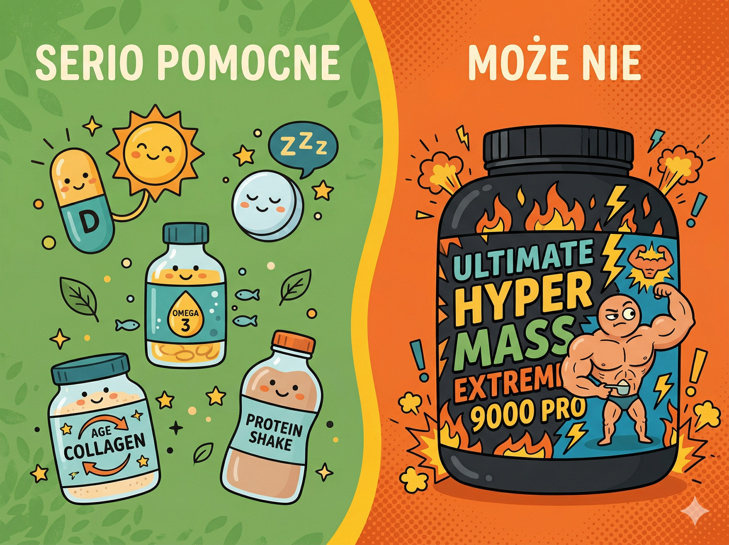 Zabawna ilustracja: po lewej sensowne suplementy z uśmiechniętymi ikonami, po prawej absurdalny stack z efektami specjalnymi