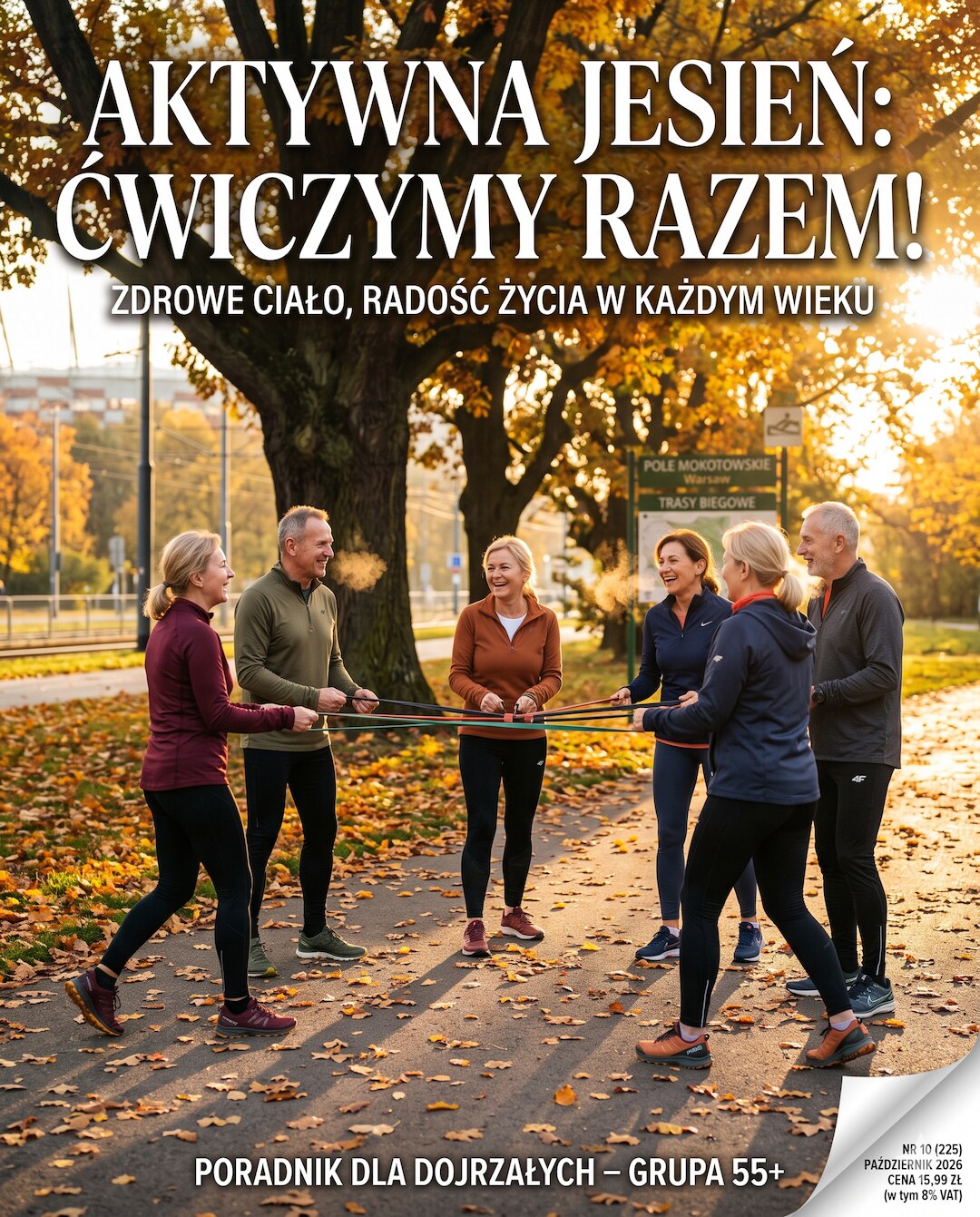 Uśmiechnięci seniorzy ćwiczą razem na świeżym powietrzu jesienią