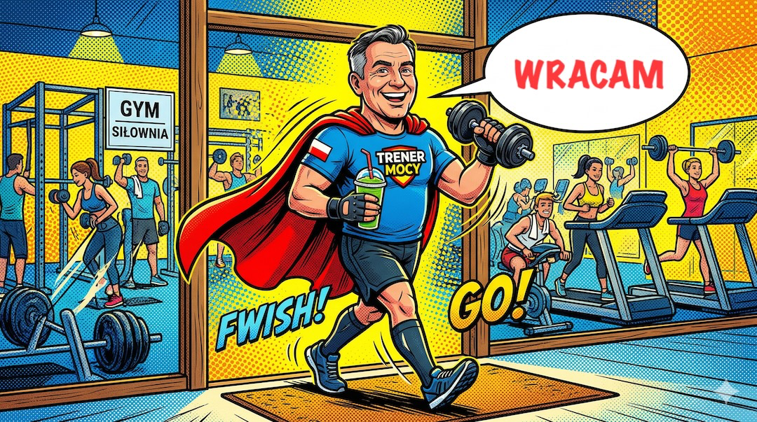 Kolorowa, komiksowa ilustracja 50-latka jako superbohatera wchodzącego triumfalnie na siłownię