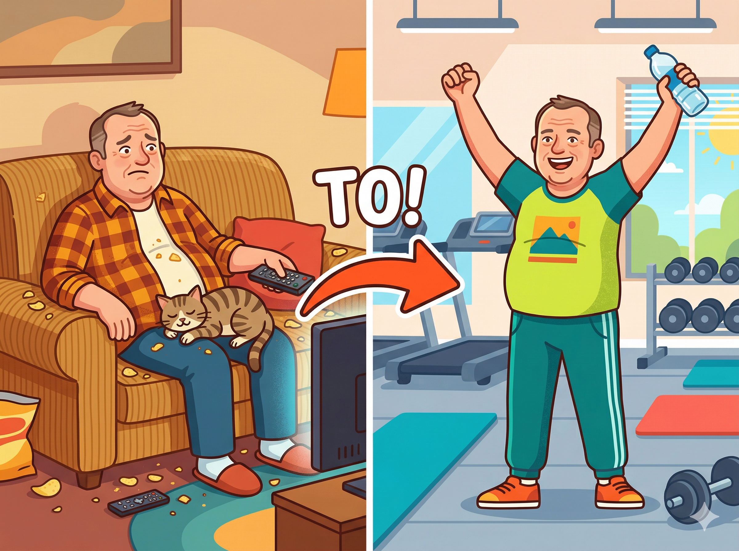 Zabawna grafika: po lewej rozczochrana postać na kanapie z pilotem i chipsy, po prawej ta sama postać — pewna siebie, w stroju sportowym, na siłowni; styl flat design, żywe kolory