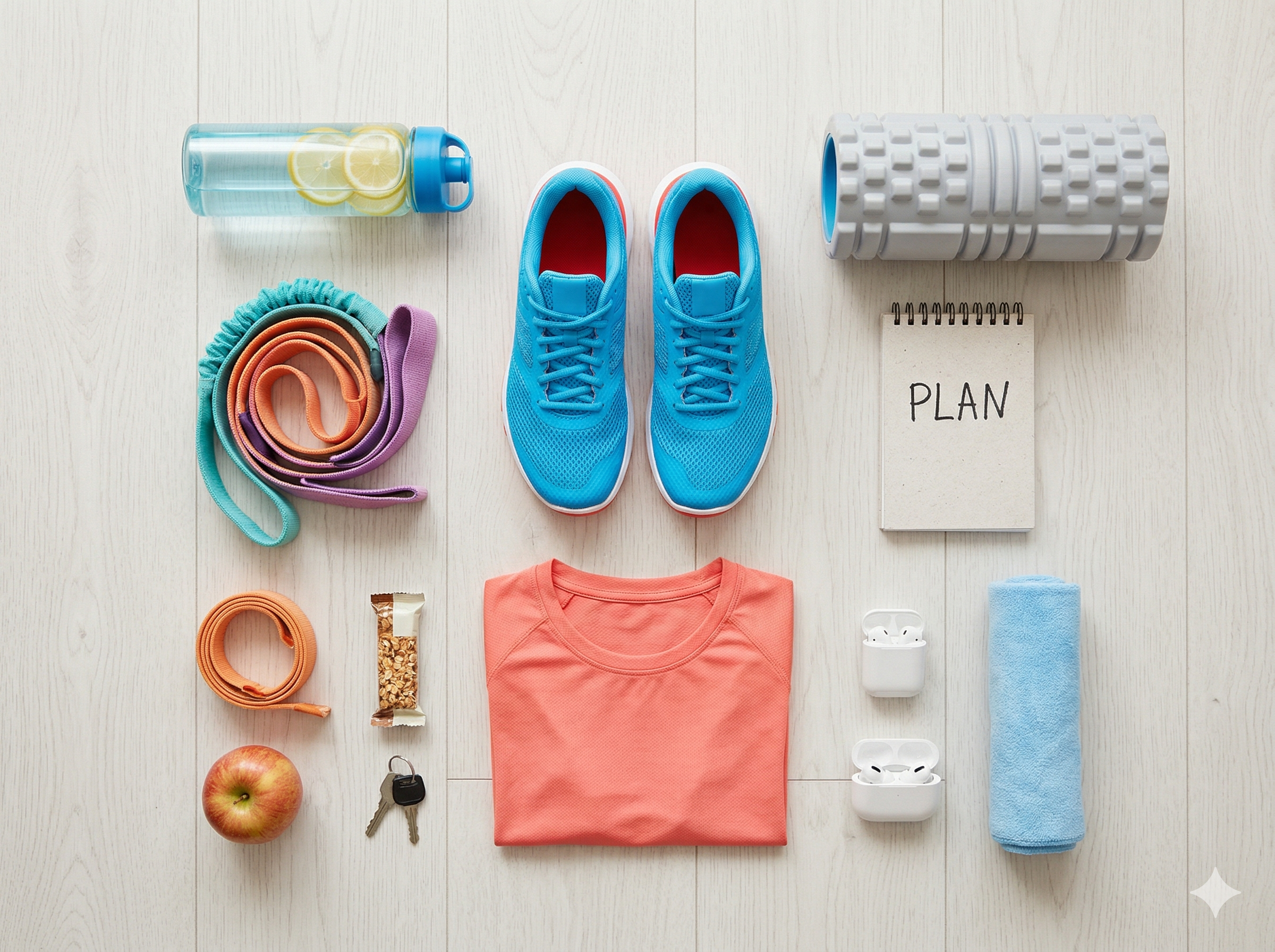 Kolorowe, wesołe zdjęcie flatlay: buty treningowe, koszulka sportowa, bidon, słuchawki, rękawice, ręcznik — rozłożone na jasnej podłodze jak gotowy zestaw superbohatera, jasne kolory, widok z góry