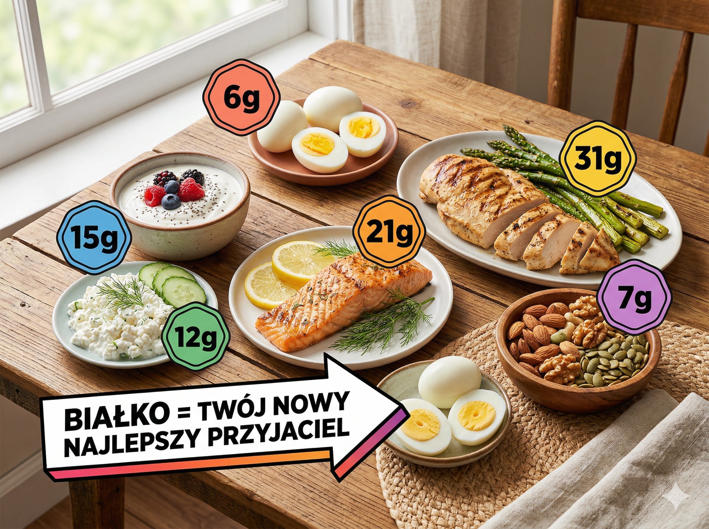 Kolorowe zdjęcie produktów bogatych w białko ułożonych w zabawny sposób: jajka, łosoś, twaróg, kurczak — z grafiką nakładki showing "BIAŁKO" z dużą strzałką i checklistą, jasne tło, styl editorial food photography