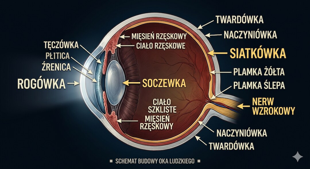 Schemat budowy oka z zaznaczonym mięśniem rzęskowym i soczewką
