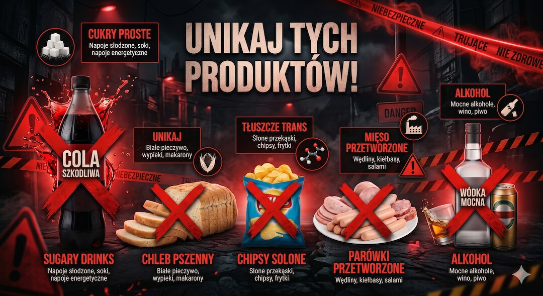 Infografika: produkty nasilające tłuszcz trzewny z polskimi etykietami