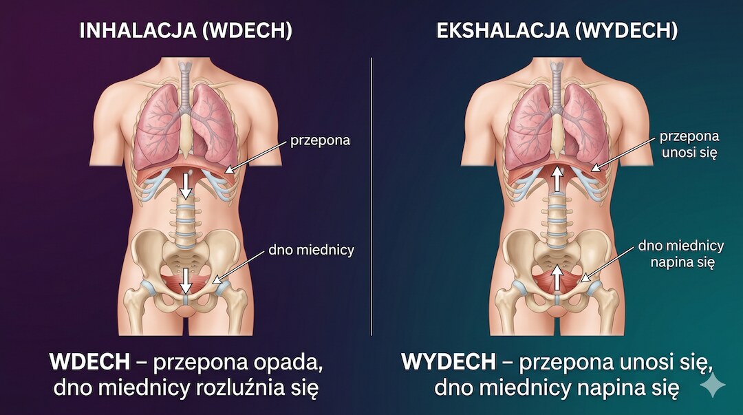 Schemat synchronizacji przepony i dna miednicy z fazami oddechu, opisy po polsku