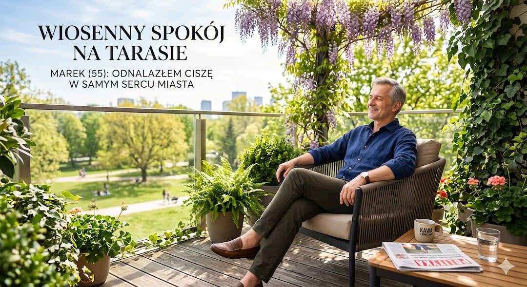 Zrelaksowany mężczyzna 50+ odpoczywa na tarasie w słoneczny wiosenny dzień