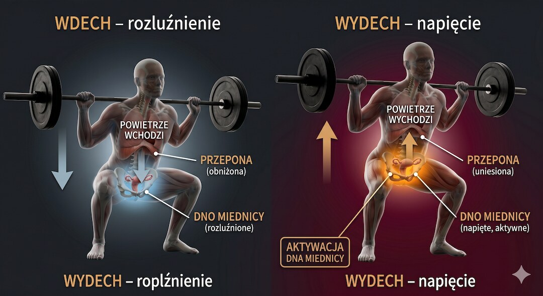 Schemat faz przysiadu z oznaczeniami: wdech w dole, wydech przy wstawaniu, aktywacja dna miednicy