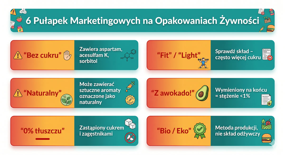 Ilustracja po polsku: 6 najczęstszych pułapek marketingowych na opakowaniach – "bez cukru", "naturalny", "0% tłuszczu" z wyjaśnieniami co się za tym kryje