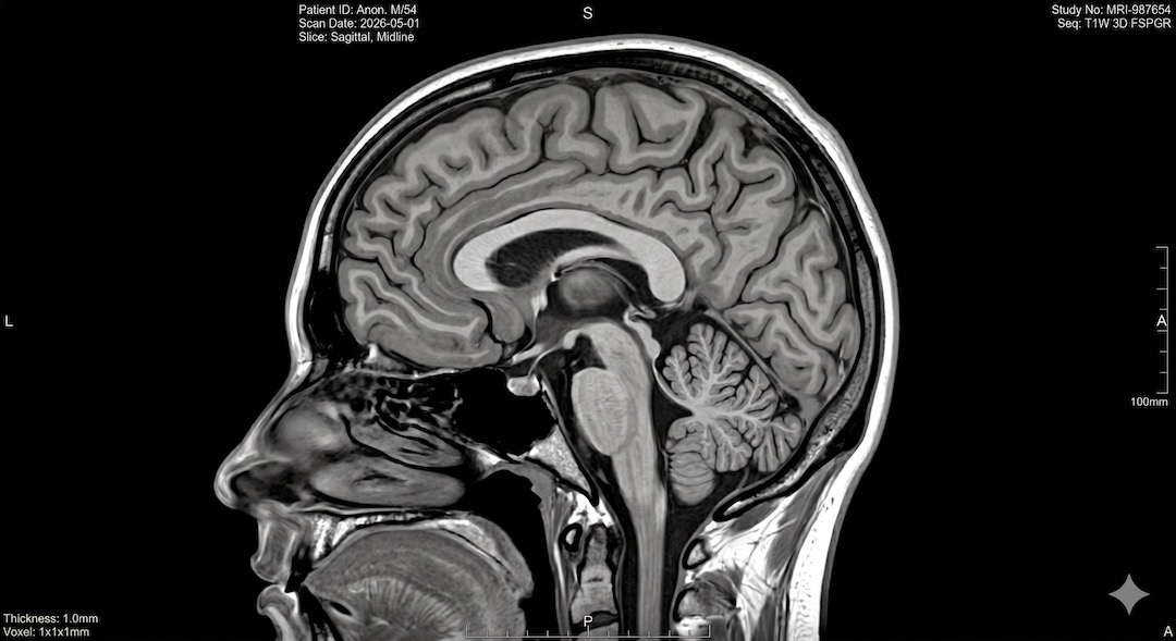 Przekr&oacute;j rezonansu magnetycznego MRI m&oacute;zgu w płaszczyźnie strzałkowej pokazujący szczeg&oacute;łowe struktury tkanki m&oacute;zgowej