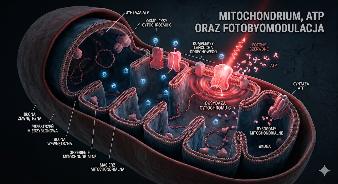 Schemat dzialania swiatla czerwonego na mitochondrium i produkcje ATP