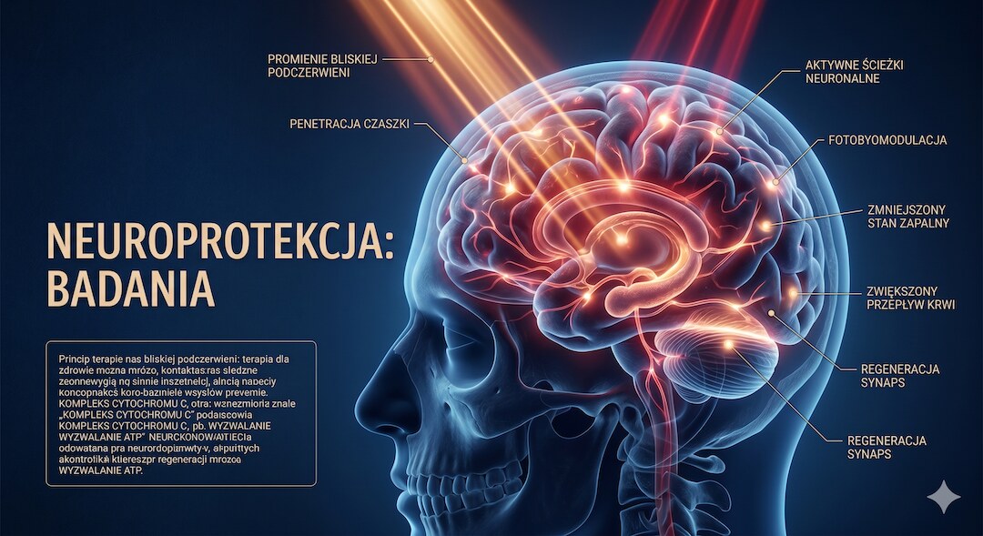 Ilustracja penetracji swiatla bliskiej podczerwieni przez tkanki glowy