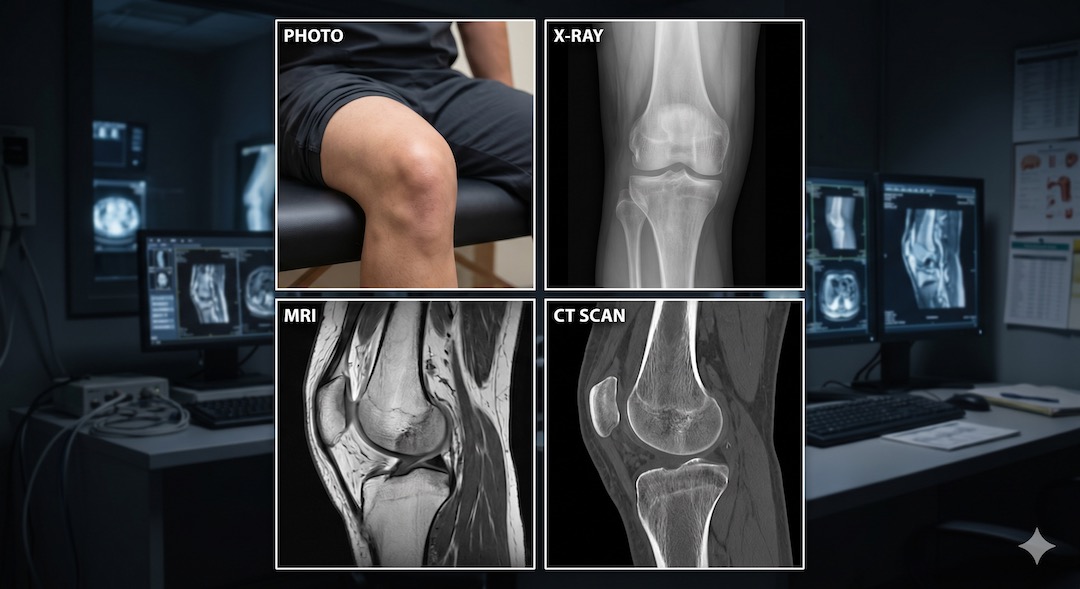 Por&oacute;wnanie czterech obraz&oacute;w granatu &mdash; zdjęcie, rentgen RTG, rezonans MRI i tomografia CT &mdash; wizualizacja r&oacute;żnic między technikami obrazowania