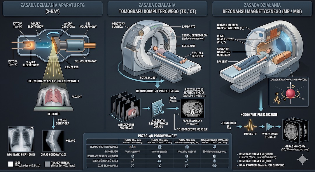 Schemat por&oacute;wnujący zasady działania rentgena RTG, tomografii CT i rezonansu MRI w jednej grafice