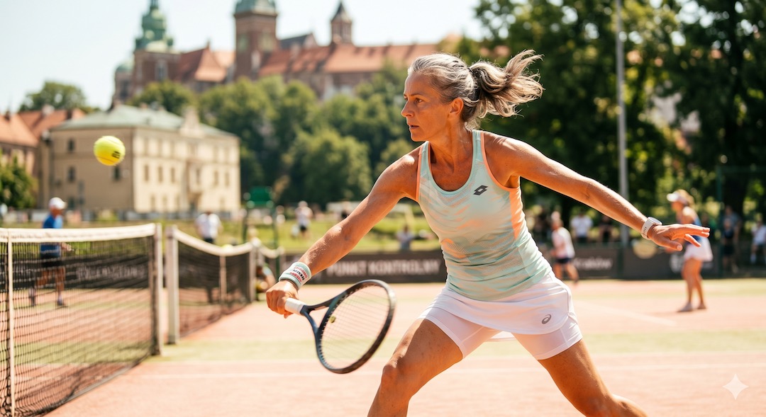 Aktywna osoba po 50-tce grająca w tenisa na świeżym powietrzu — sport jako naturalny trening układu sakadycznego
