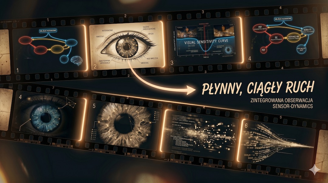 Pasek taśmy filmowej z numerowanymi klatkami i ciemnymi przerwami między nimi — analogia do supresji sakadycznej