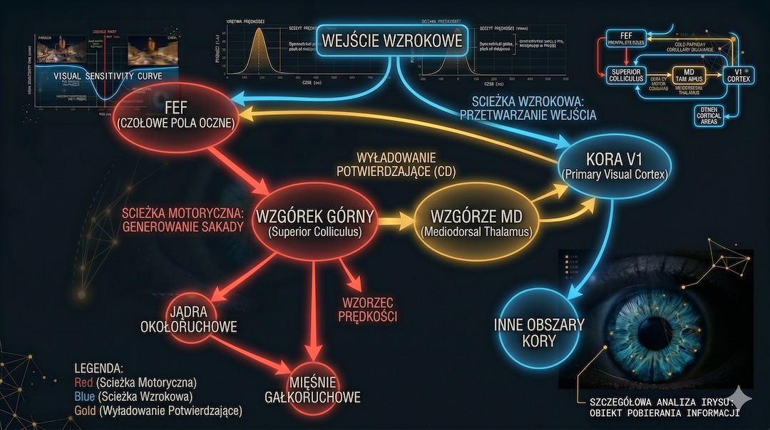 Schemat neurologiczny efferencji kopii — ścieżki między FEF, superior colliculus, wzgórzem i korą wzrokową V1
