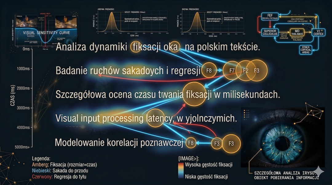 Wizualizacja eye-trackingu podczas czytania z zaznaczonymi sakadami do przodu, regresywnymi i punktami fiksacji