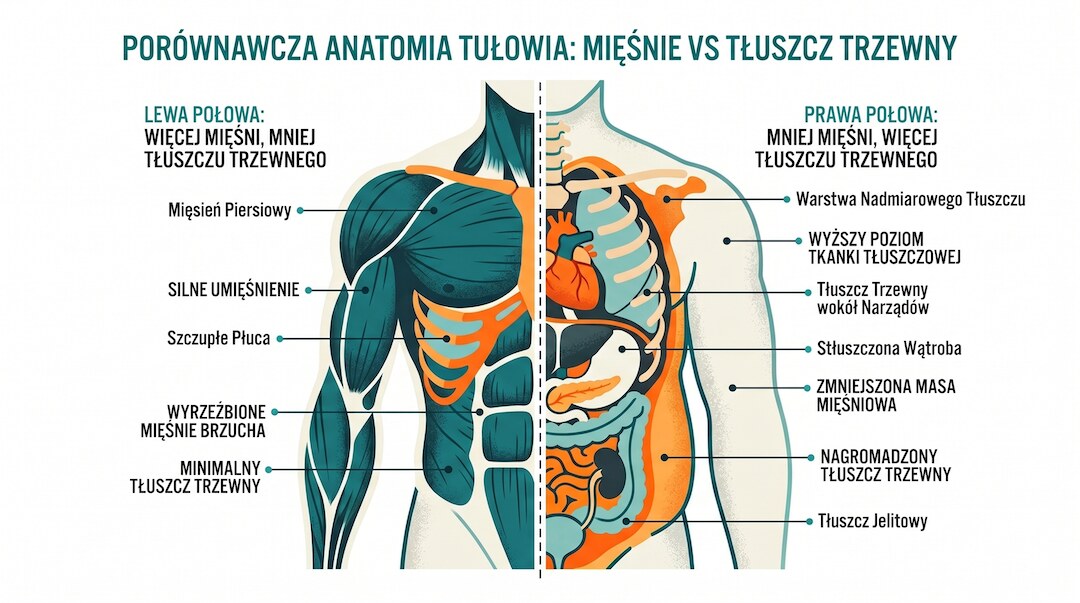 Infografika porównująca umięśniony tułów z sylwetką o mniejszej masie mięśniowej i większej ilości tłuszczu trzewnego