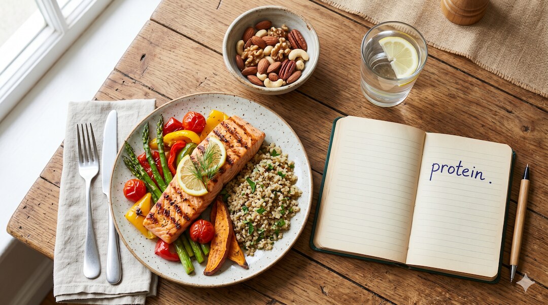 Posiłek z łososiem, kaszą, warzywami i orzechami obok notesu z napisem protein