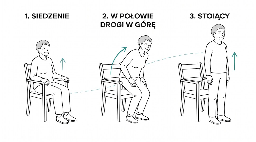Trzy etapy testu wstawania z krzesła: siedzenie, unoszenie i pozycja stojąca