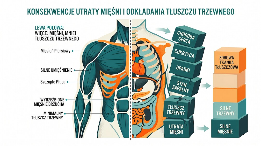 Infografika pokazująca zależności między utratą mięśni, tłuszczem trzewnym, upadkami, cukrzycą i chorobą serca