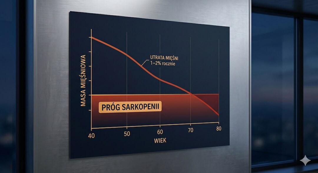 Wykres utraty masy mięśniowej z wiekiem z opisami po polsku i zaznaczeniem progu sarkopenii
