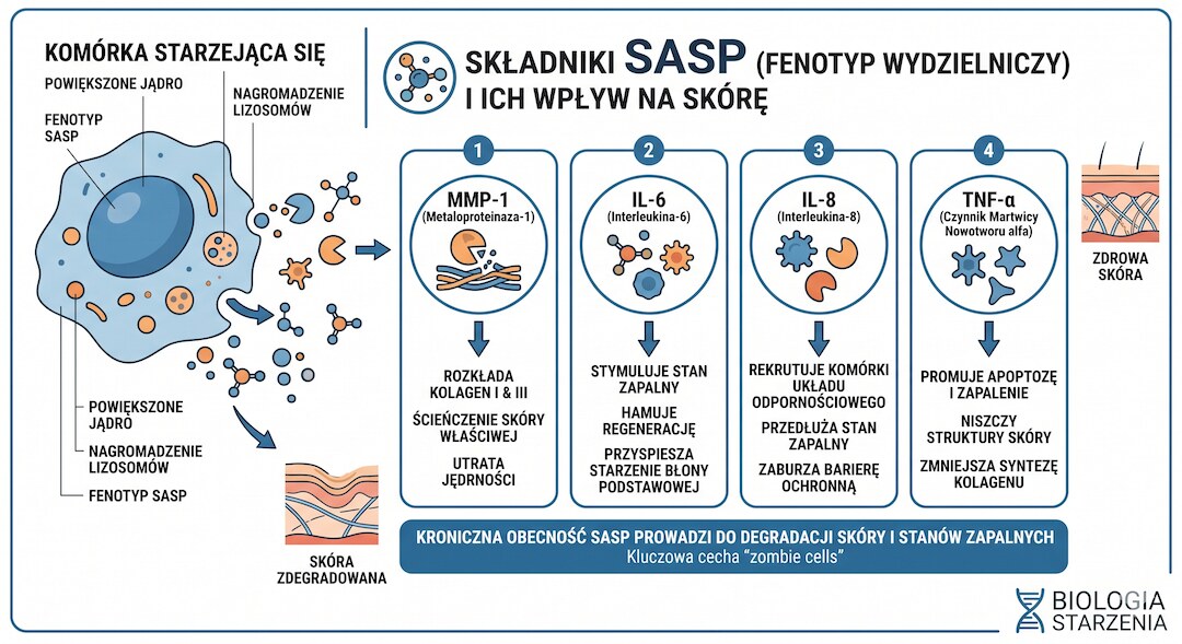 Lista składników SASP i ich wpływ na skórę — cytokiny i enzymy MMP