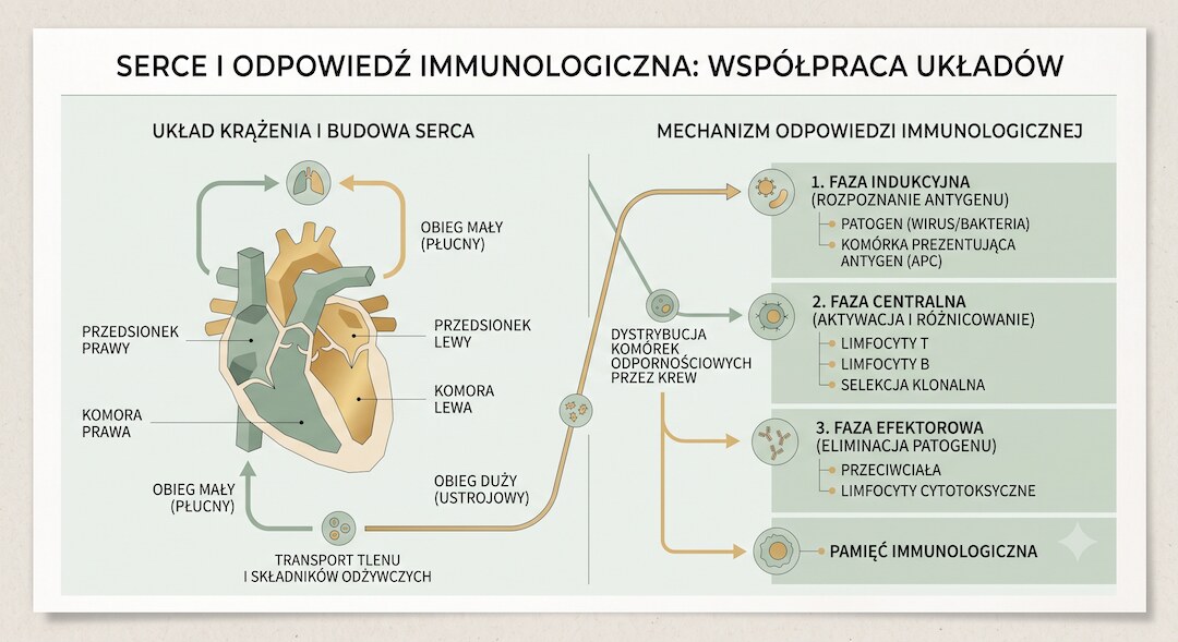 Ilustracja pokazująca serce i mechanizm reakcji immunologicznej po szczepieniu