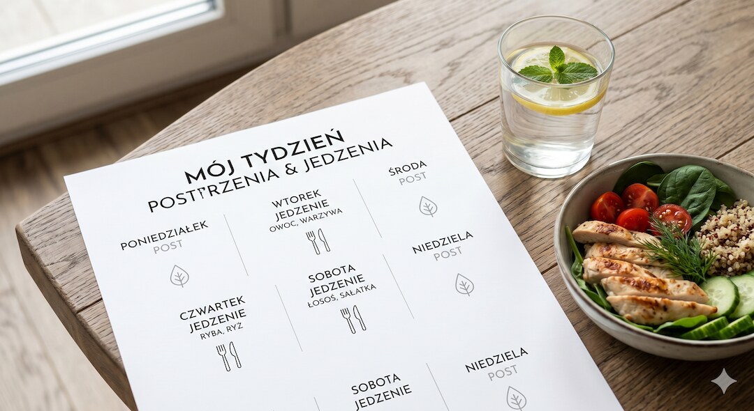 Kalendarz tygodnia z naprzemiennie zaznaczonymi dniami postu i jedzenia