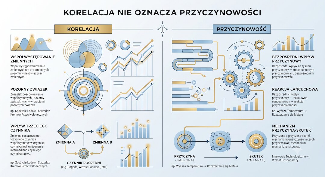 Nowoczesna infografika pokazująca różnicę między korelacją a przyczynowością