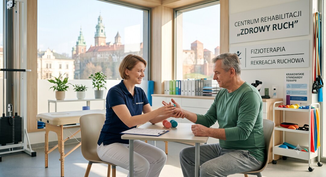 Fizjoterapeuta pomagający pacjentowi w ćwiczeniach ręki w jasnym gabinecie rehabilitacyjnym