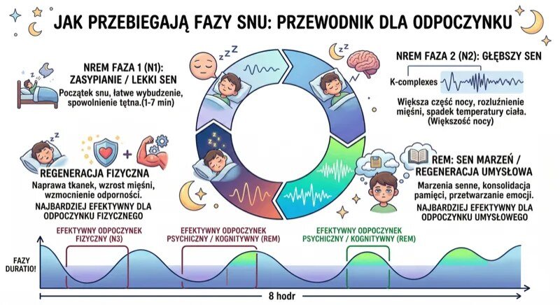 Uproszczony wykres kolejnych faz snu w trakcie nocy