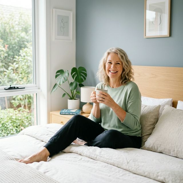 Zadowolona osoba po 50-tce rano w sypialni, wypoczęta i świeża