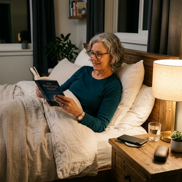 Osoba czytająca książkę w sypialni, telefon odłożony - zdrowa rutyna przed snem