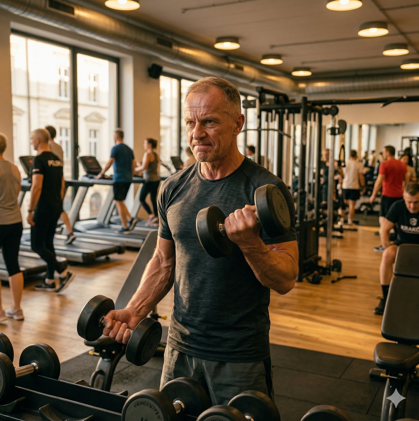 Mężczyzna po 50-tce ćwiczy z hantlami w siłowni, obok grafika pokazująca wzrost wrażliwości na insulinę po treningu