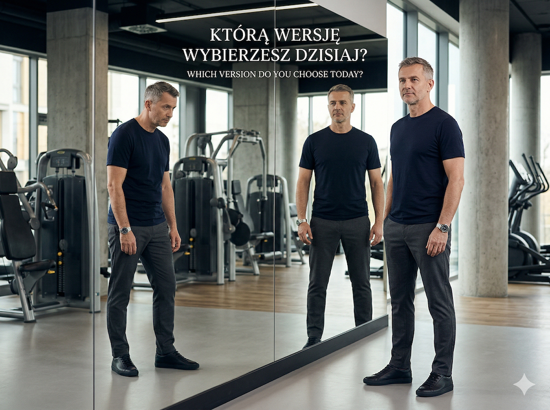 Mężczyzna w siłowni patrzy na swoje odbicie i wybiera, jak chce dziś trenować