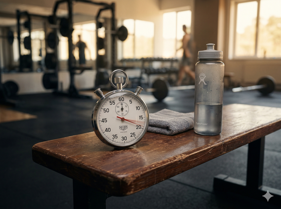 Stoper i woda na ławce treningowej symbolizujące czas regeneracji