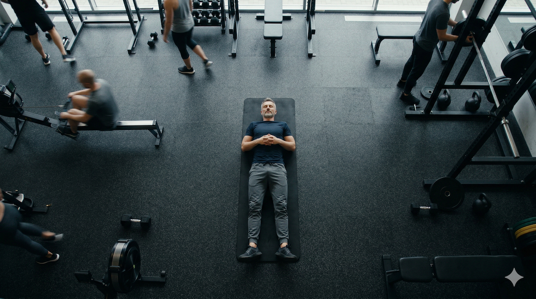 Mężczyzna odpoczywający na macie na siłowni po treningu