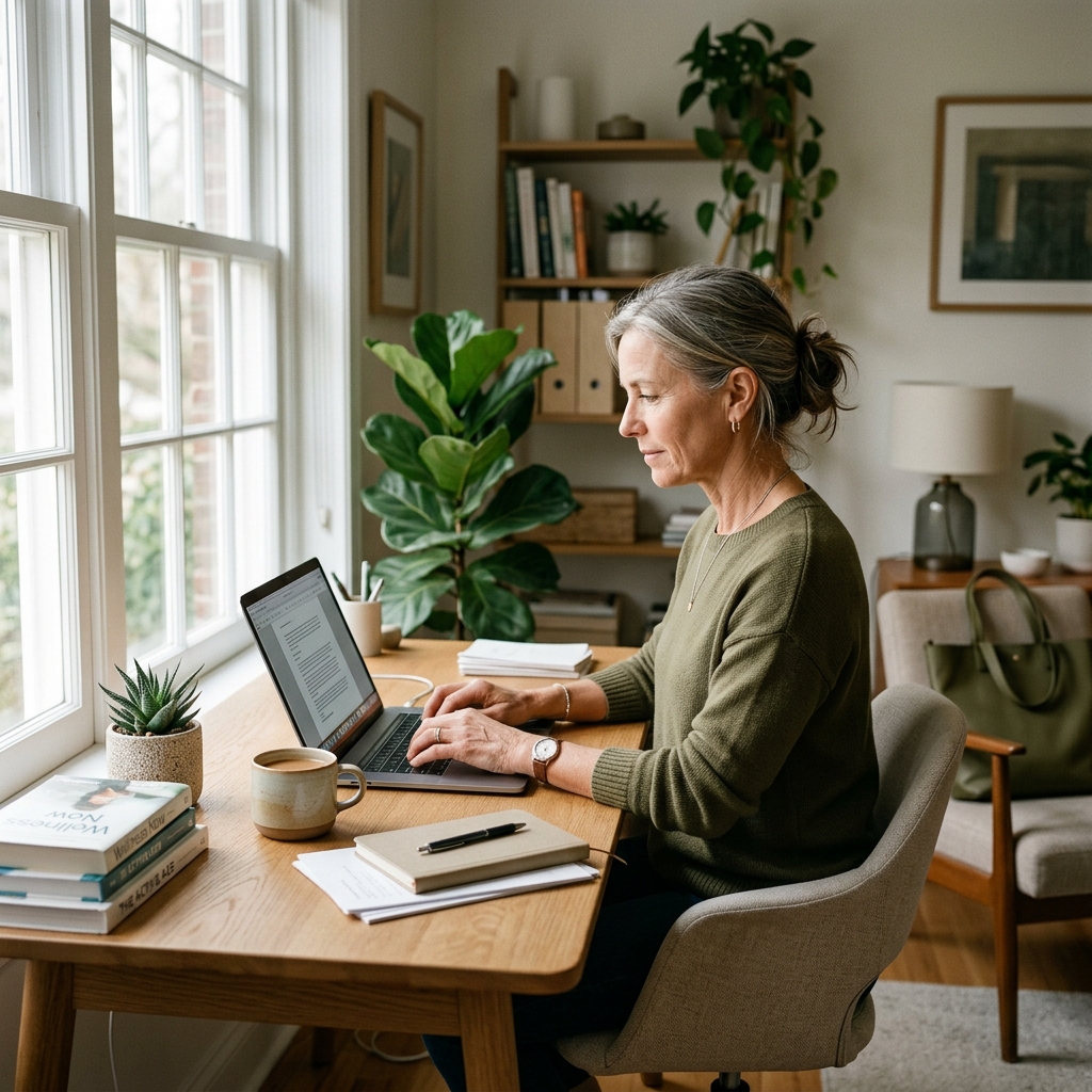 Osoba pracująca skupiona przy biurku w nowoczesnym wnętrzu