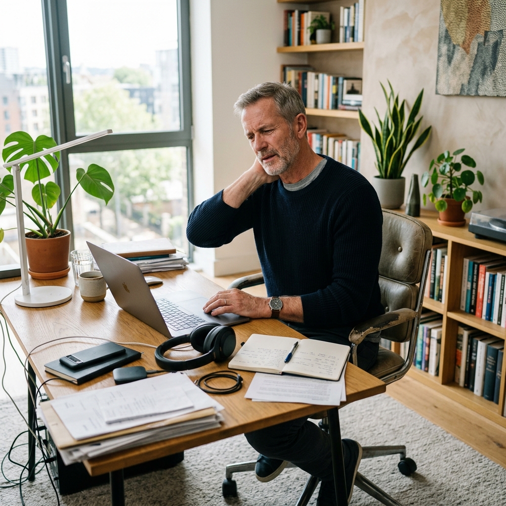 Mężczyzna przy biurku odczuwający sztywność karku