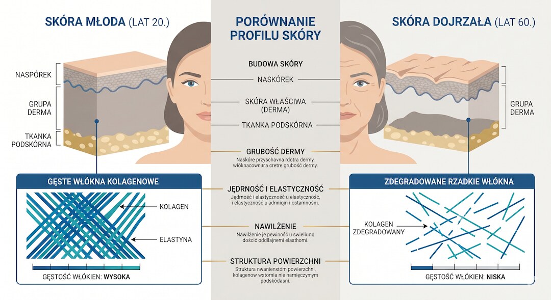 Schemat struktury skóry młodej i starszej — widoczna utrata kolagenu i elastyny