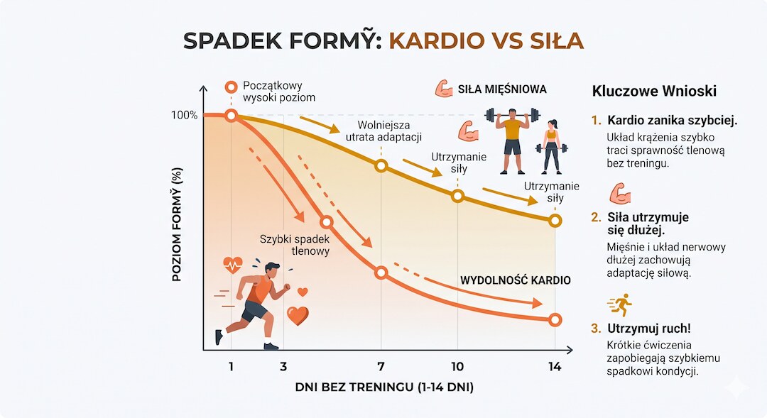 Infografika pokazująca szybszy spadek kondycji niż siły w czasie przerwy od treningu