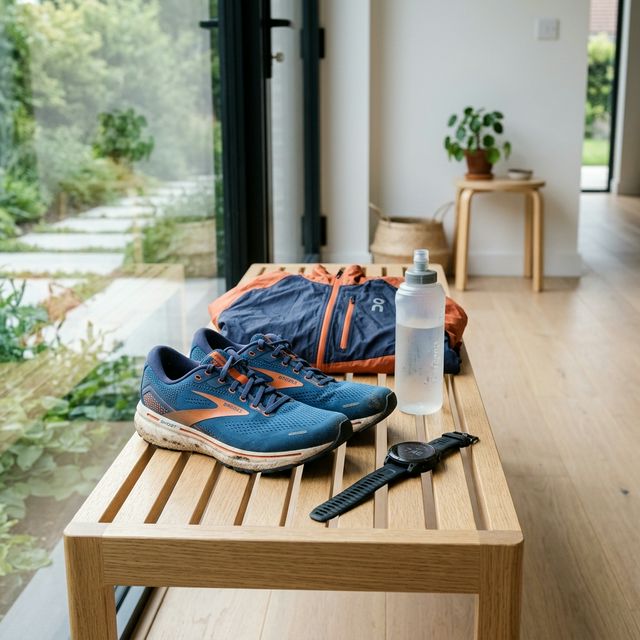 Nowoczesne buty do biegania, zegarek i woda na ławce