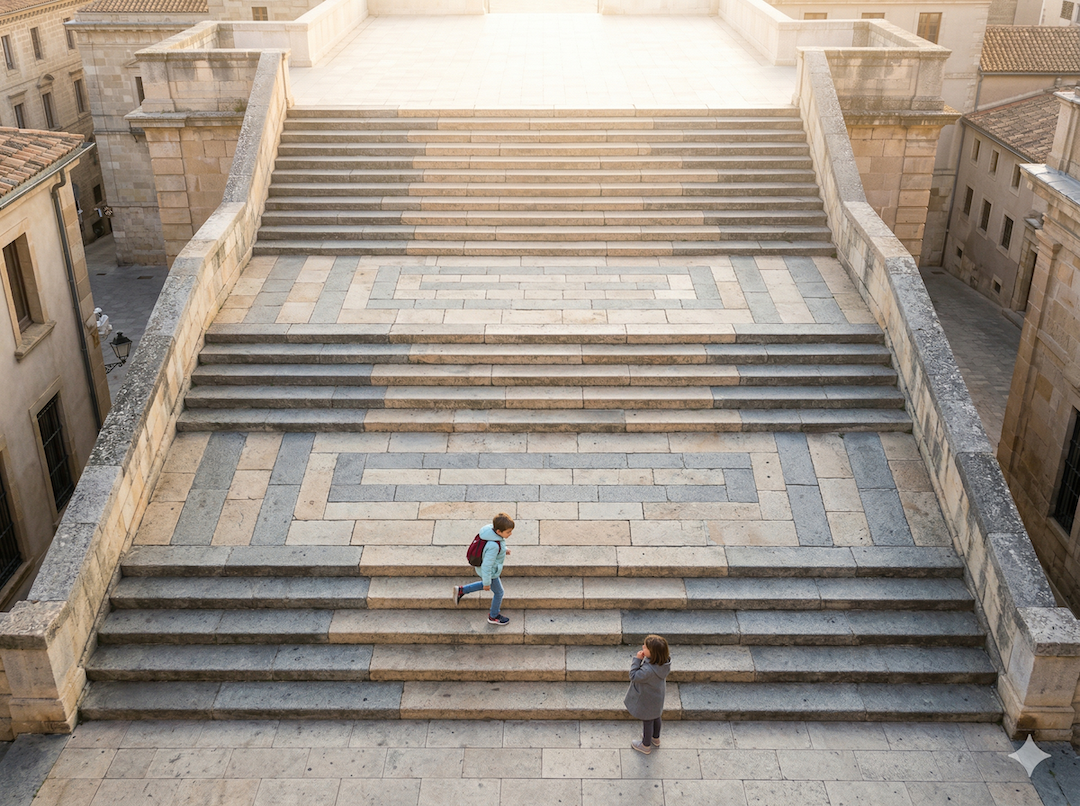 Widok z góry na szerokie schody w europejskim mieście — metafora wyboru i wysiłku