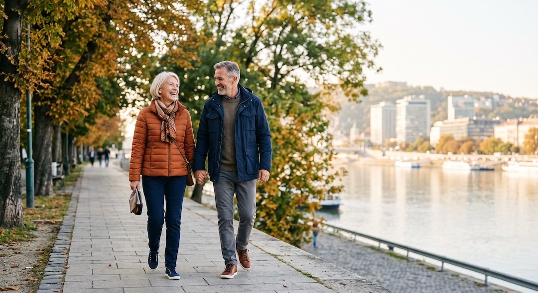 Kobieta i mężczyzna po pięćdziesiątce idą szybkim krokiem promenadą nad rzeką w słoneczny jesienny poranek