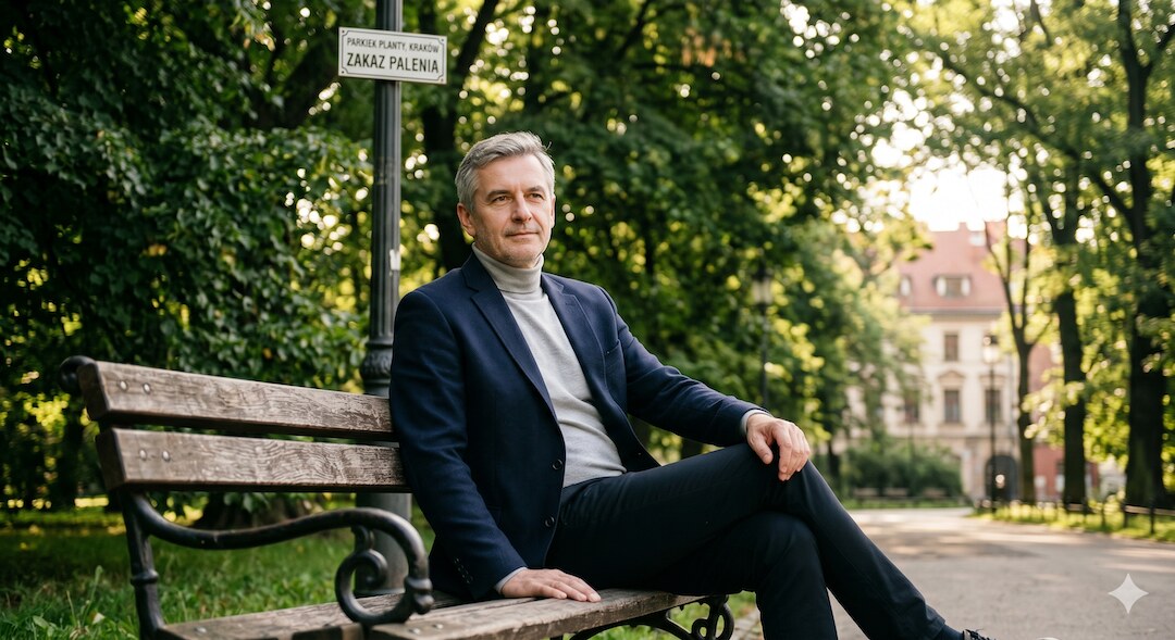 Mężczyzna po 50-tce siedzący spokojnie na ławce w polskim parku, poranny widok